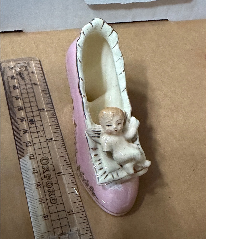 Vintage Moseco Japan Pink Ceramic Shoe Figurine with Cherub Angel Gold Gilt Trim